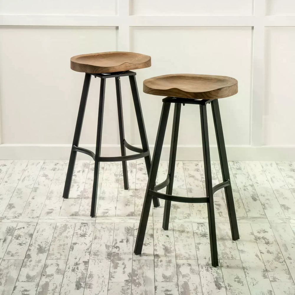 Set of 2 Industrial Style Swivel Bar Stools with Rust Finish Iron Frame, Pine Seat, No Assembly Required, Natural