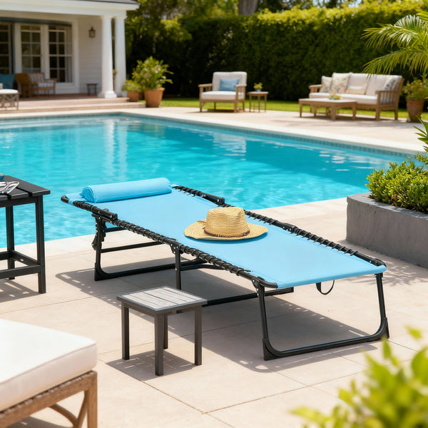 Chaise longue pliante d'extérieur réglable en 4 positions avec appui-tête, bleu ciel