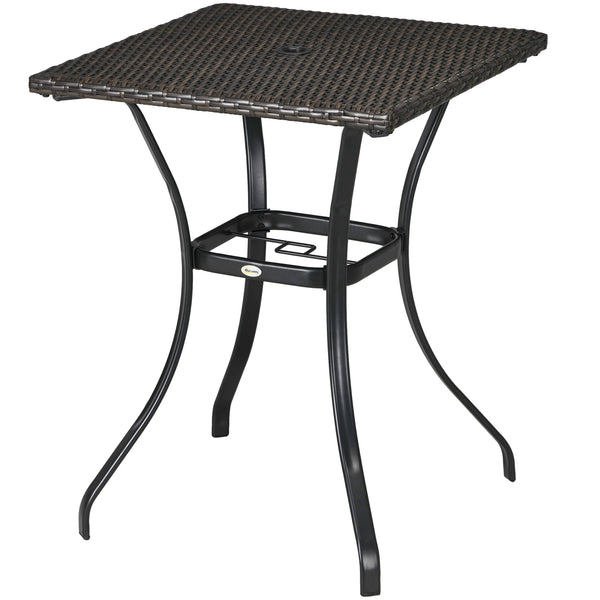 Outdoor coffee table in woven resin with a hole for a parasol, brown