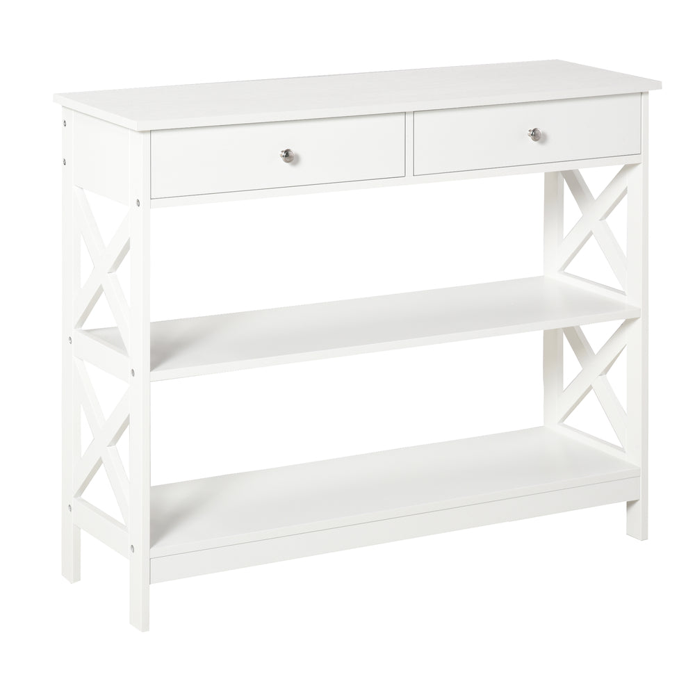 Narrow entryway console table with storage shelves, white