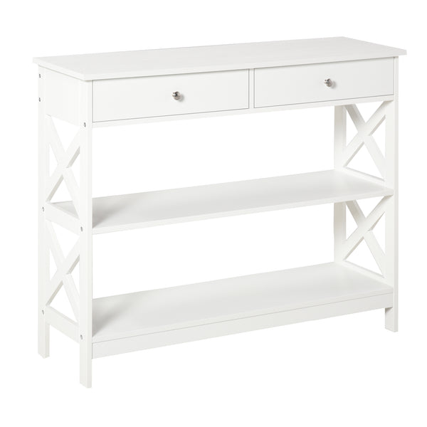 Narrow entryway console table with storage shelves, white