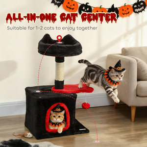 71cm Gothic Cat Tree with Soft Bed, Cozy Cave, Scratching Post and Hanging Ball, Red and Black