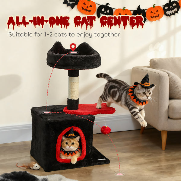 71cm Gothic Cat Tree with Soft Bed, Cozy Cave, Scratching Post and Hanging Ball, Red and Black