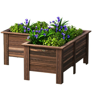 L-shaped raised wooden planter