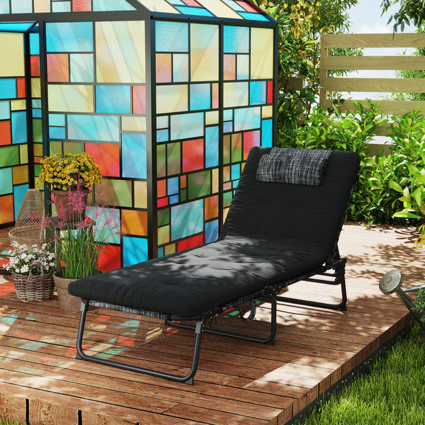 Folding lounge chair with 4-level reclining backrest and cushion, black