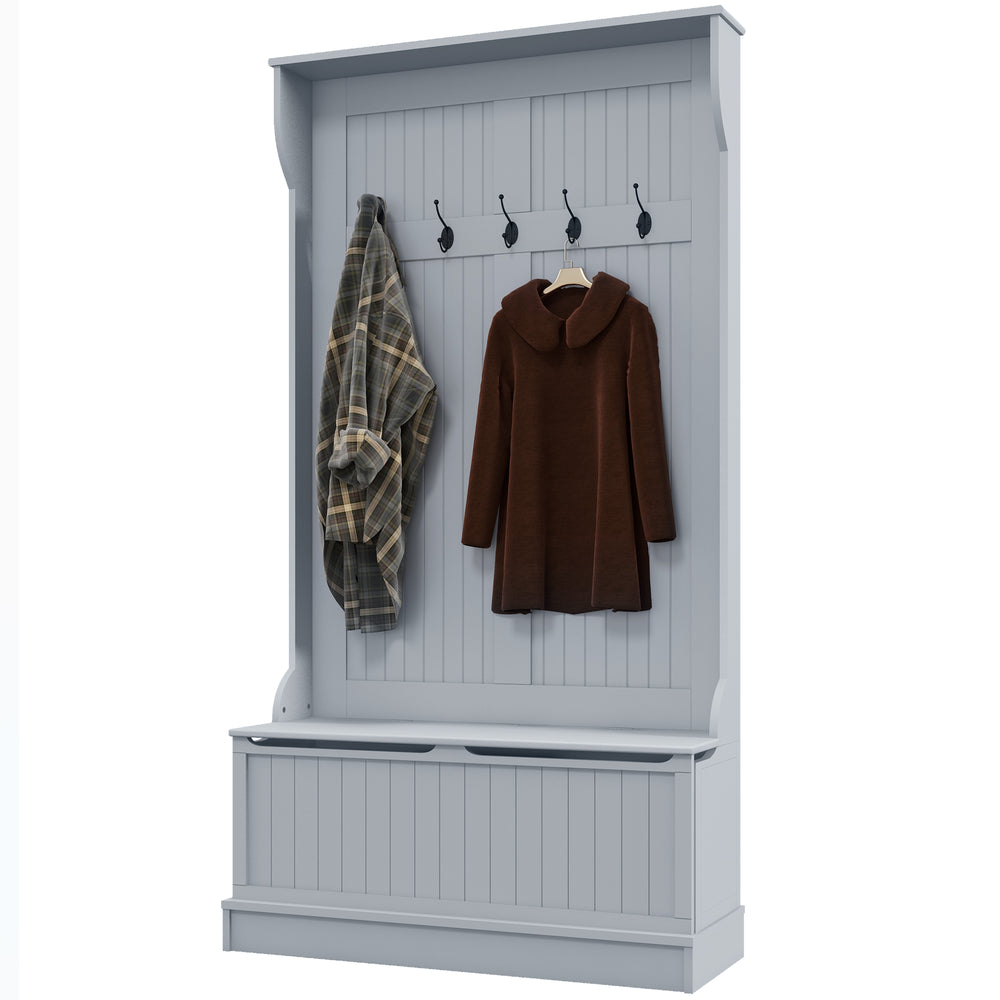 Meuble d’entrée moderne 3 en 1 gris avec porte-manteau à 5 crochets, banc intégré et rangement à chaussures – solution pratique pour couloir ou salon