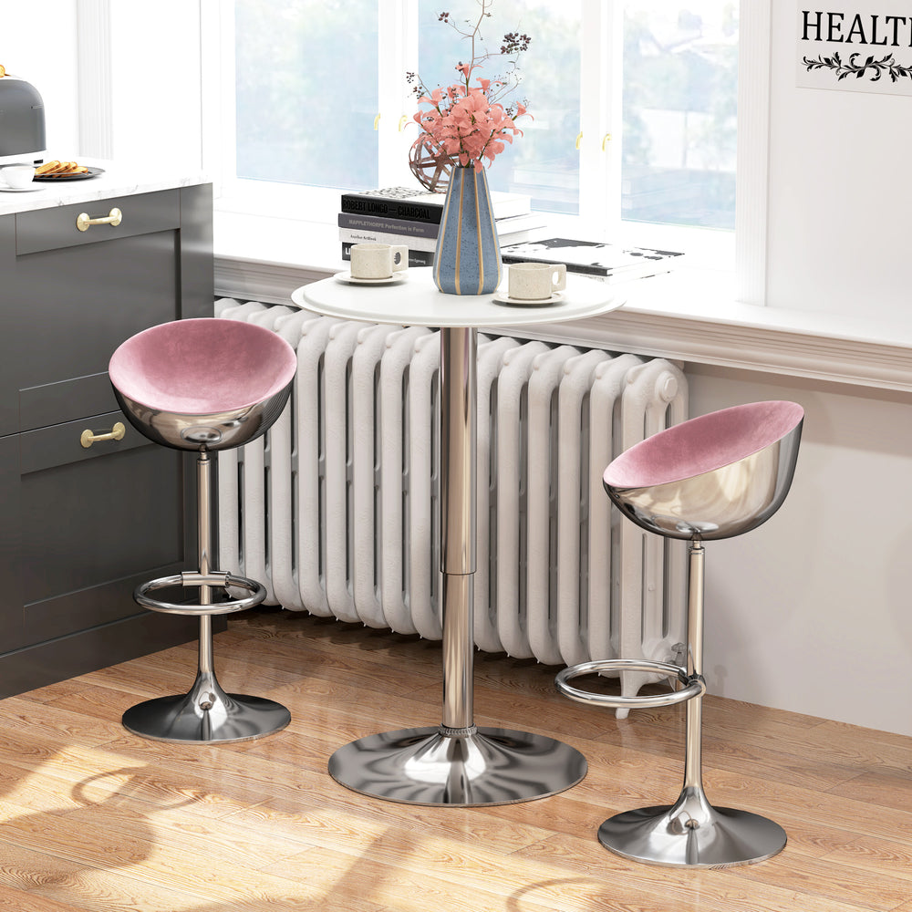Modern round bar table with a wooden top covered in faux leather, white