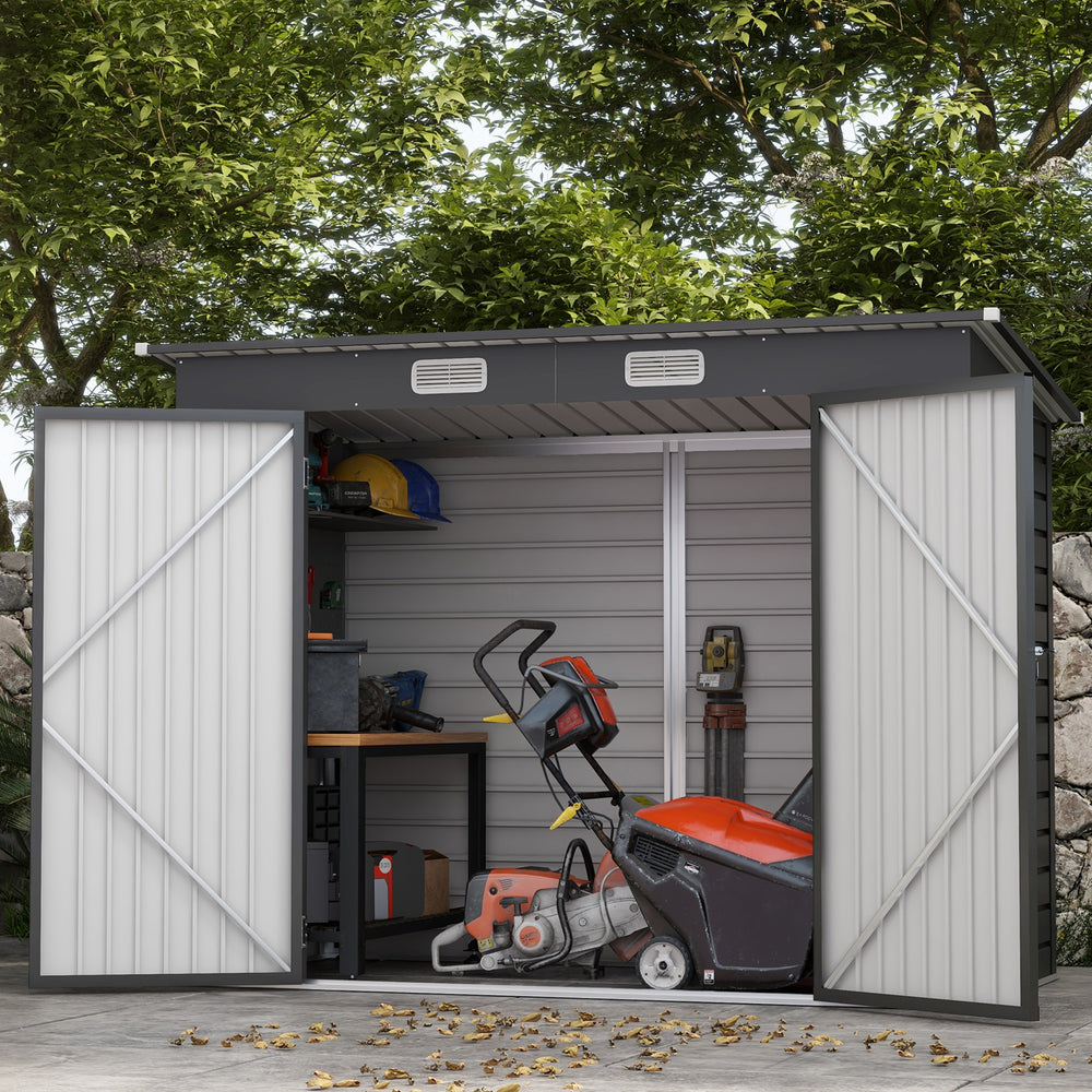 Grey galvanized garden shed with double door and 2 vents