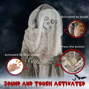 6ft Life Size Halloween Decoration, Witch Skeleton, Animated Prop with Light-Up Eyes and Scary Sound