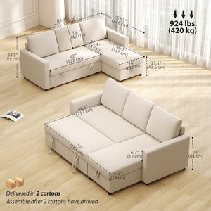 Convertible sectional sofa bed with reversible chaise and storage, cream