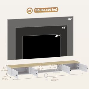 Wall-mounted floating TV stand for up to 82" TVs with storage and charging station, white