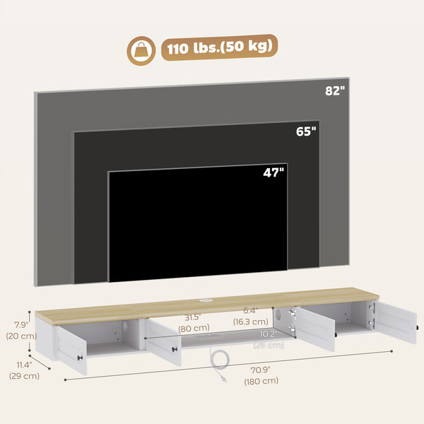 Wall-mounted floating TV stand for up to 82" TVs with storage and charging station, white