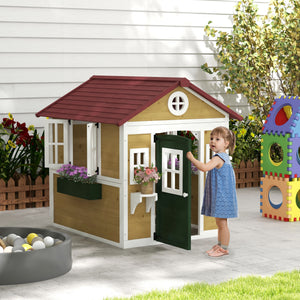 Outdoor wooden playhouse with door, windows, flower pots and boxes