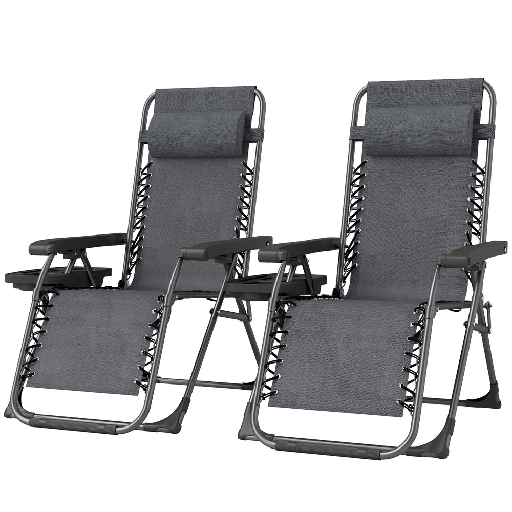 Set of 2 foldable and reclinable outdoor lounge chairs with cup holder and headrest, dark grey