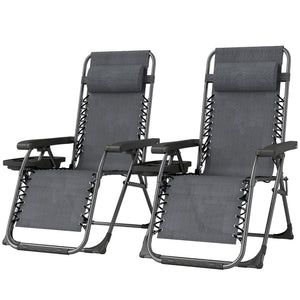 Set of 2 foldable and reclinable outdoor lounge chairs with cup holder and headrest, dark grey