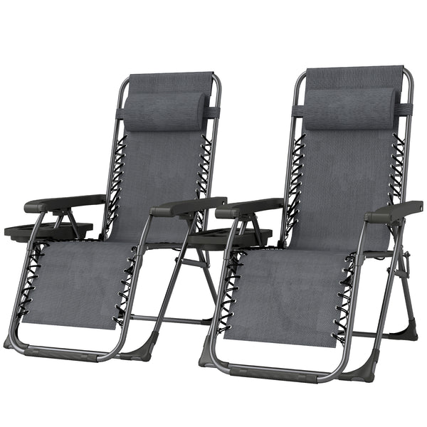 Set of 2 foldable and reclinable outdoor lounge chairs with cup holder and headrest, dark grey