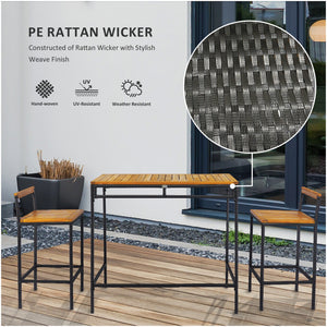 3 Piece Wicker Bar Set, Bar Table and Chairs with Acacia Wood Top, Natural Wood