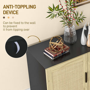 Boho Sideboard with 3 Rattan Doors, Kitchen Cabinet with Adjustable Shelves, Black and Natural 