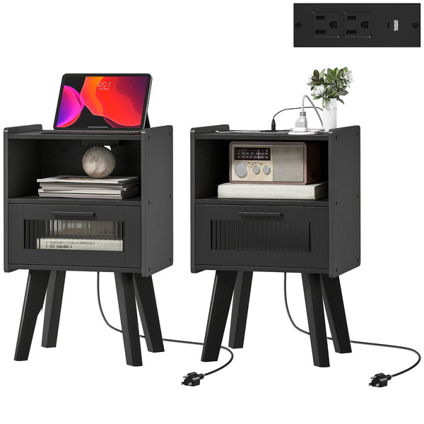 Set of 2 modern bedside tables with charging station, black
