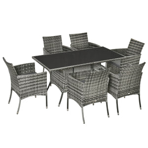 7 Piece Rattan Dining Set with Cushions, Grey