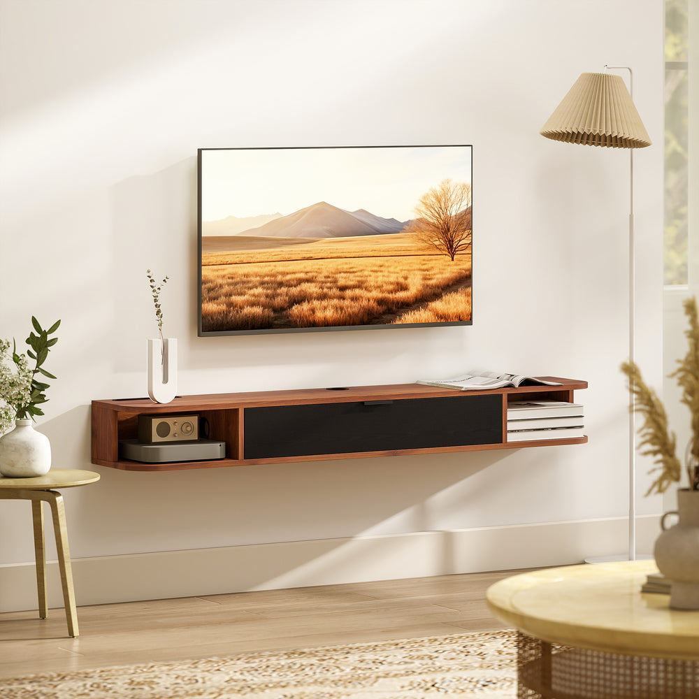 Floating wall-mounted TV unit for TVs up to 60 inches, with a drop-down drawer and 2 open shelves, walnut finish.