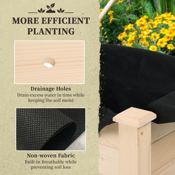 Raised wooden planter with legs, drainage holes and inner bag, natural color