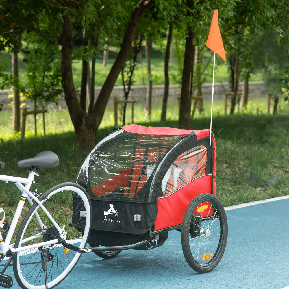 2-seater bicycle trailer with storage bag, 5-point harness, red 