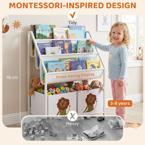 3-Tier Kids Bookshelf with 2 Bins, White