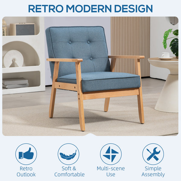 Modern fabric accent chair with tufted back and wooden legs, blue