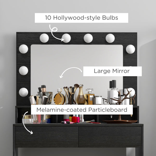 Dressing table with LED lighting mirror and drawers, black