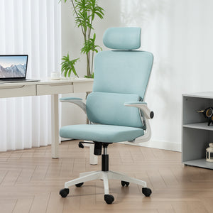 High-back mesh office chair with swivel headrest, light blue