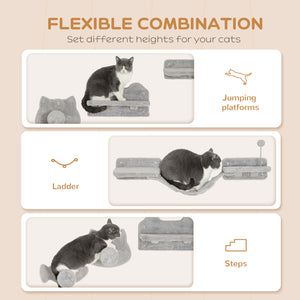 Wall-mounted cat shelves with steps, scratching posts, ladder, platforms and balls