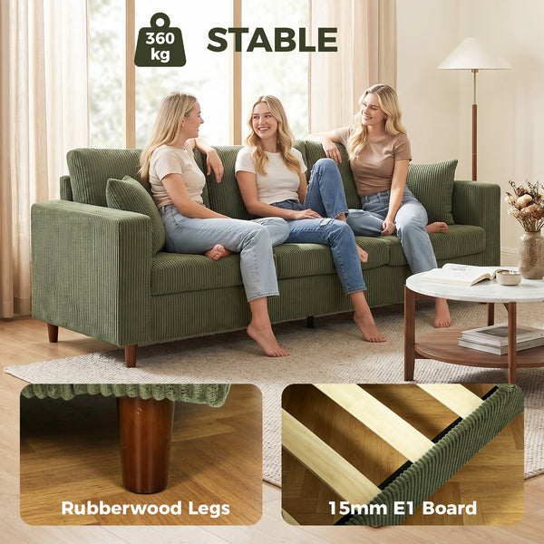 3-seater sofa with wide corduroy seat and deep seat, spring cushions, green