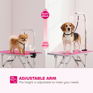 Foldable Pet Grooming Table for Dogs Cats with Adjustable Arm, Non-slip Surface, Pink