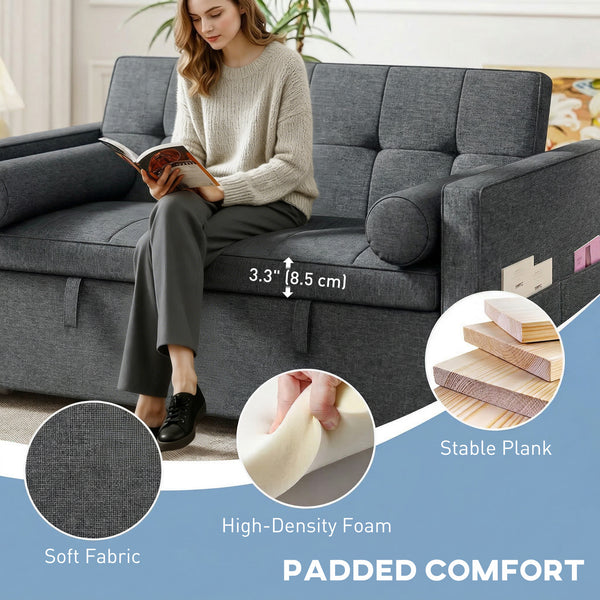 Dark grey two-seater linen trundle sofa bed with USB ports