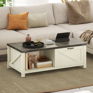 Farmhouse Coffee Table with Drawer and Open Shelf, Distressed White