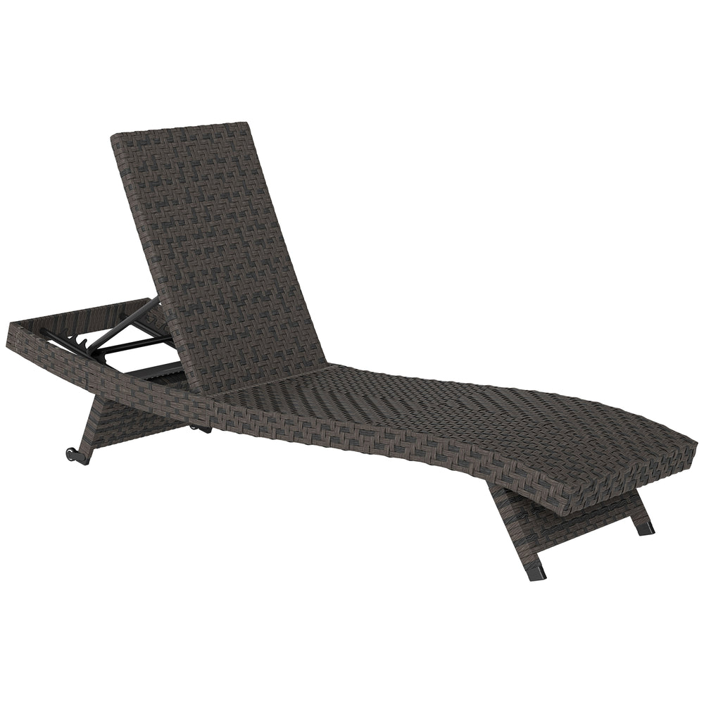 Outdoor Folding Rattan Reclining Lounge Chair with 5-Level Adjustable Backrest and Casters, Mixed Brown