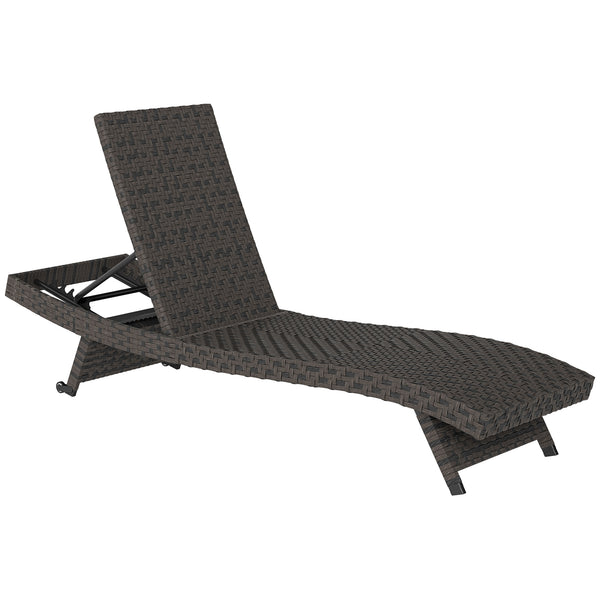 Outdoor Folding Rattan Reclining Lounge Chair with 5-Level Adjustable Backrest and Casters, Mixed Brown