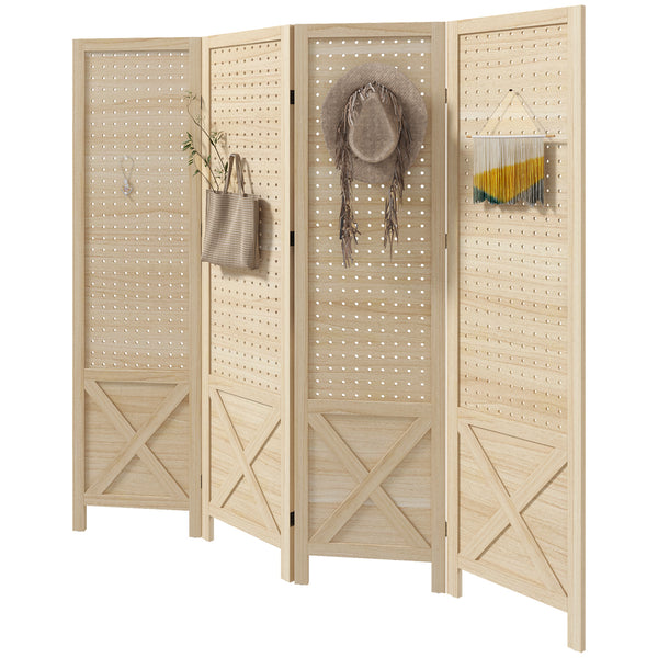 4-panel wooden screen with perforated panel, natural