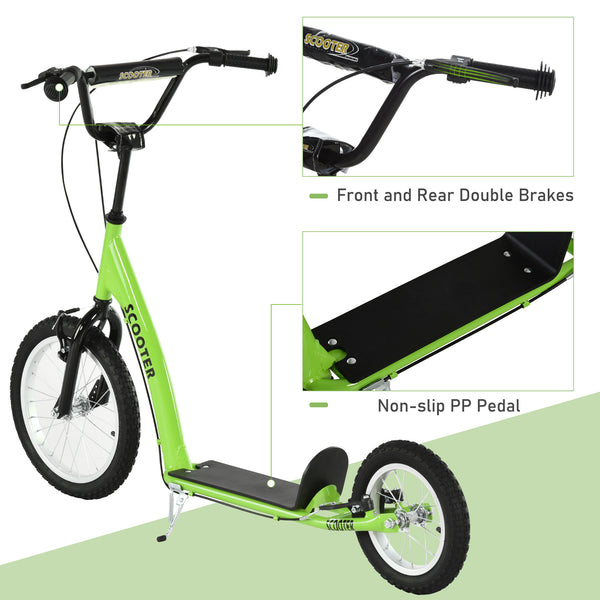 Scooter with adjustable handlebars, double brakes, inflatable wheels, green