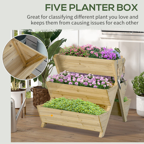 Raised wooden planter with 5 plant trays and 4 hooks