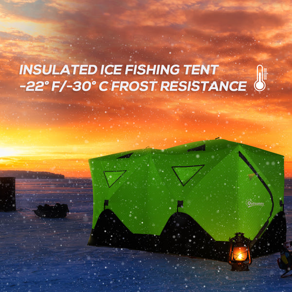 Insulated ice fishing shelter for 8 people, with ventilation windows and carry bag, for temperatures down to -30°C, green