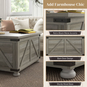 Farmhouse style coffee table with hinged lids, distressed gray