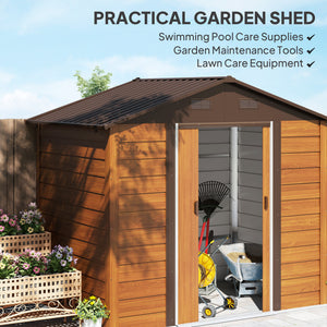 Outdoor metal garden shed with lock and ventilation, dark brown