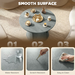 Round coffee table with fluted base and hidden sliding door storage – Cement gray