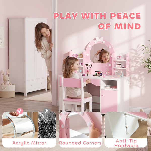 Kids hairdresser with lighted mirror and seat, pink