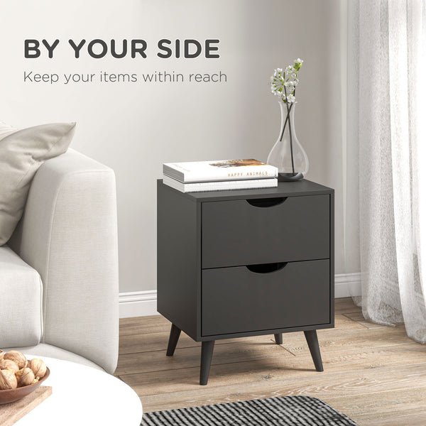 Modern bedside table with 2 drawers and pine legs, black