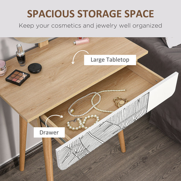 Dressing table with drawer and height-adjustable mirror, wooden legs, oak