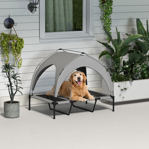 Elevated dog bed with breathable mesh canopy, light gray