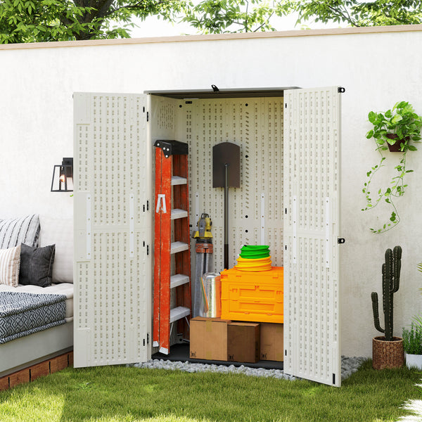 Outdoor storage cabinet with hinged lid and lockable doors